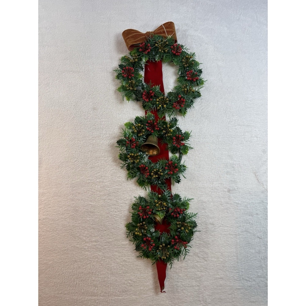 Vintage Plastic Triple Christmas Wreath with Bells on Flocked Red Velvet Ribbon